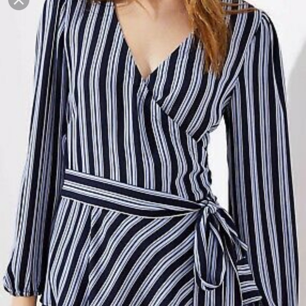 Ann Taylor Loft Blue and Navy Striped Wrap Top M